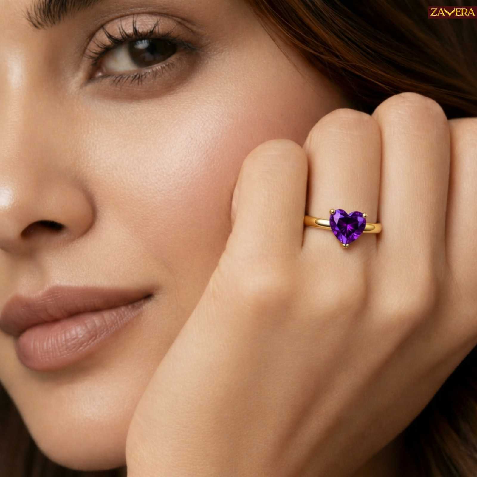 Gold Plated Amethyst Heart Adjustable Ring