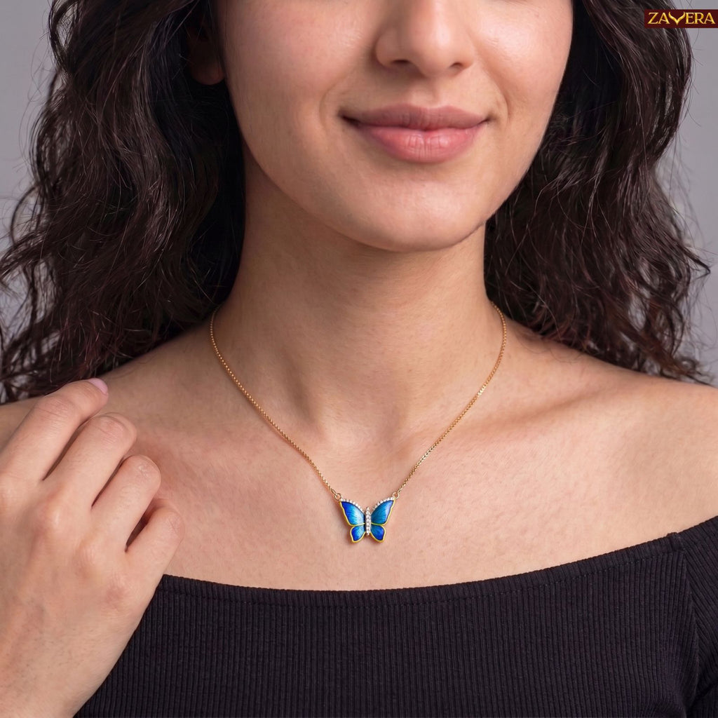 Zavera Gold Plated Blue Enamel Butterfly Pendant For Women