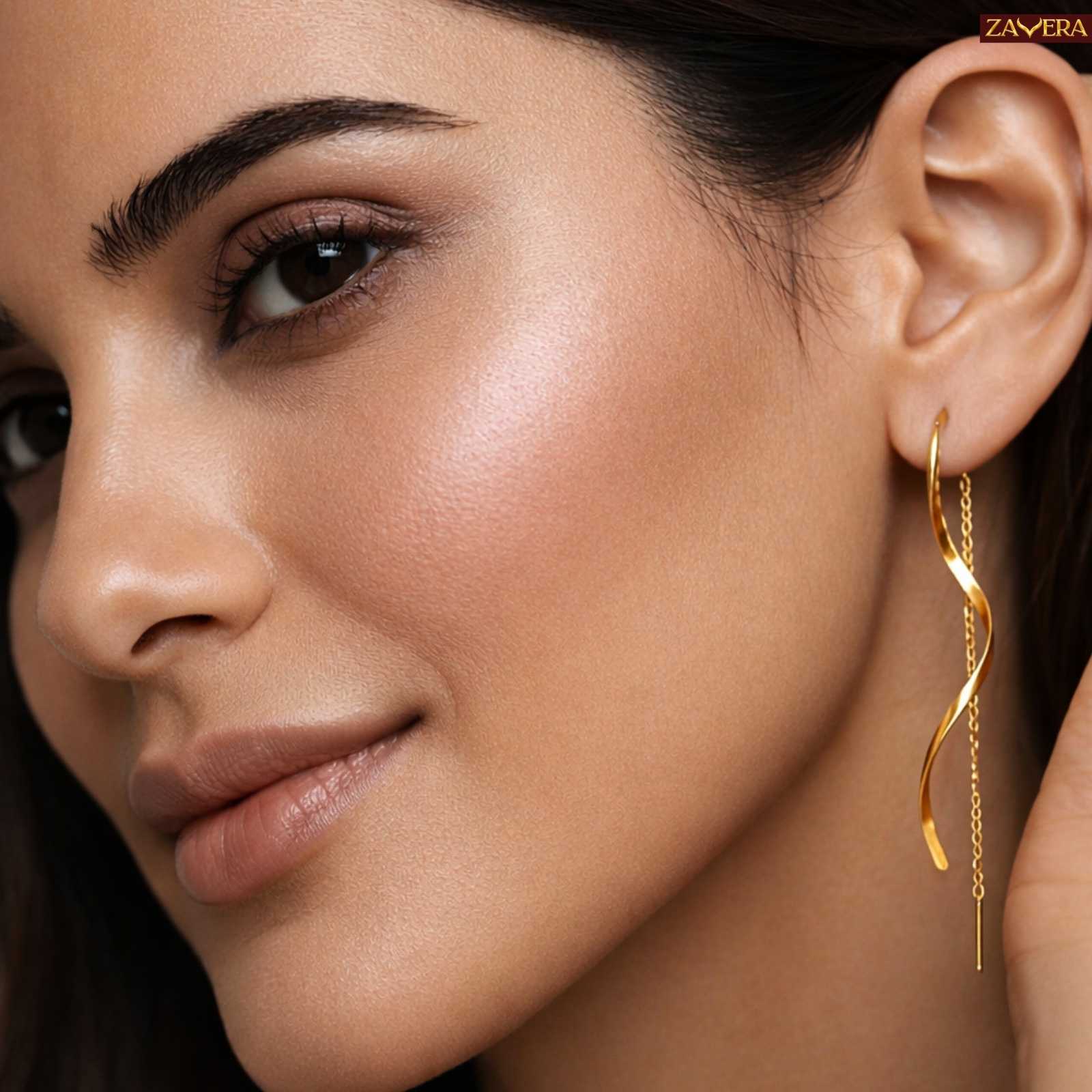 Minimal Threader Chain Gold Plated Drop Earrings For Women