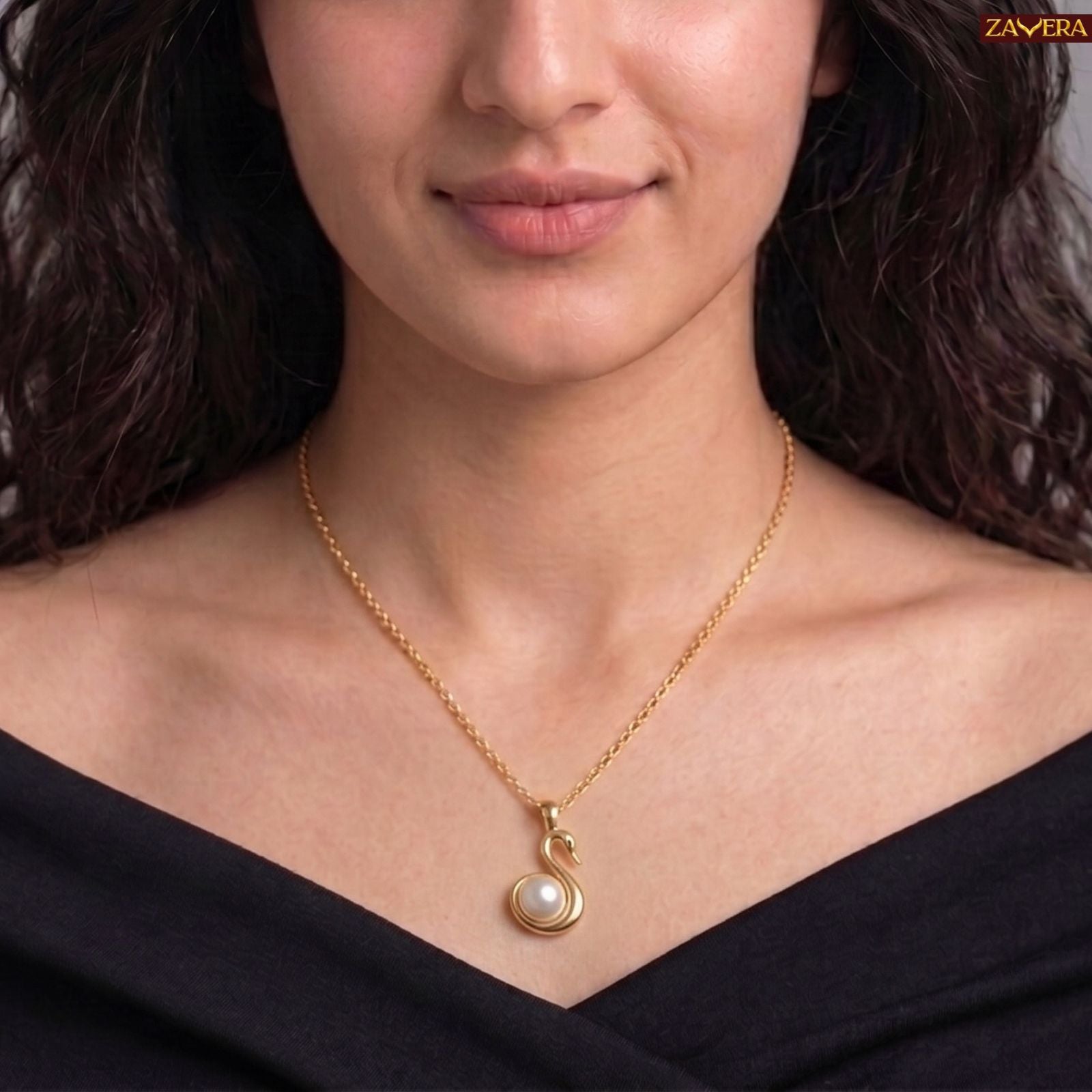 Zavera Gold Plated Swan Pearl Pendant For Women
