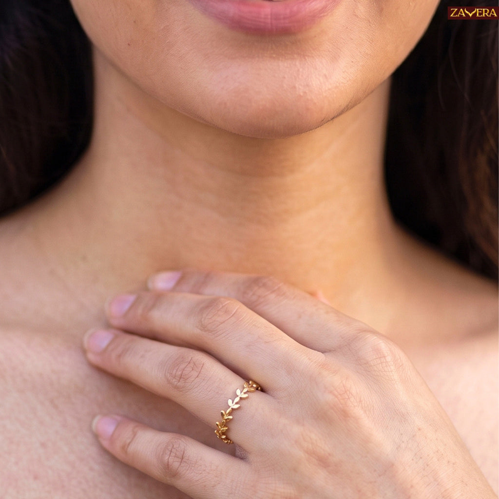 Zavera Brass 22K Gold Plated Leaf Ring For Women