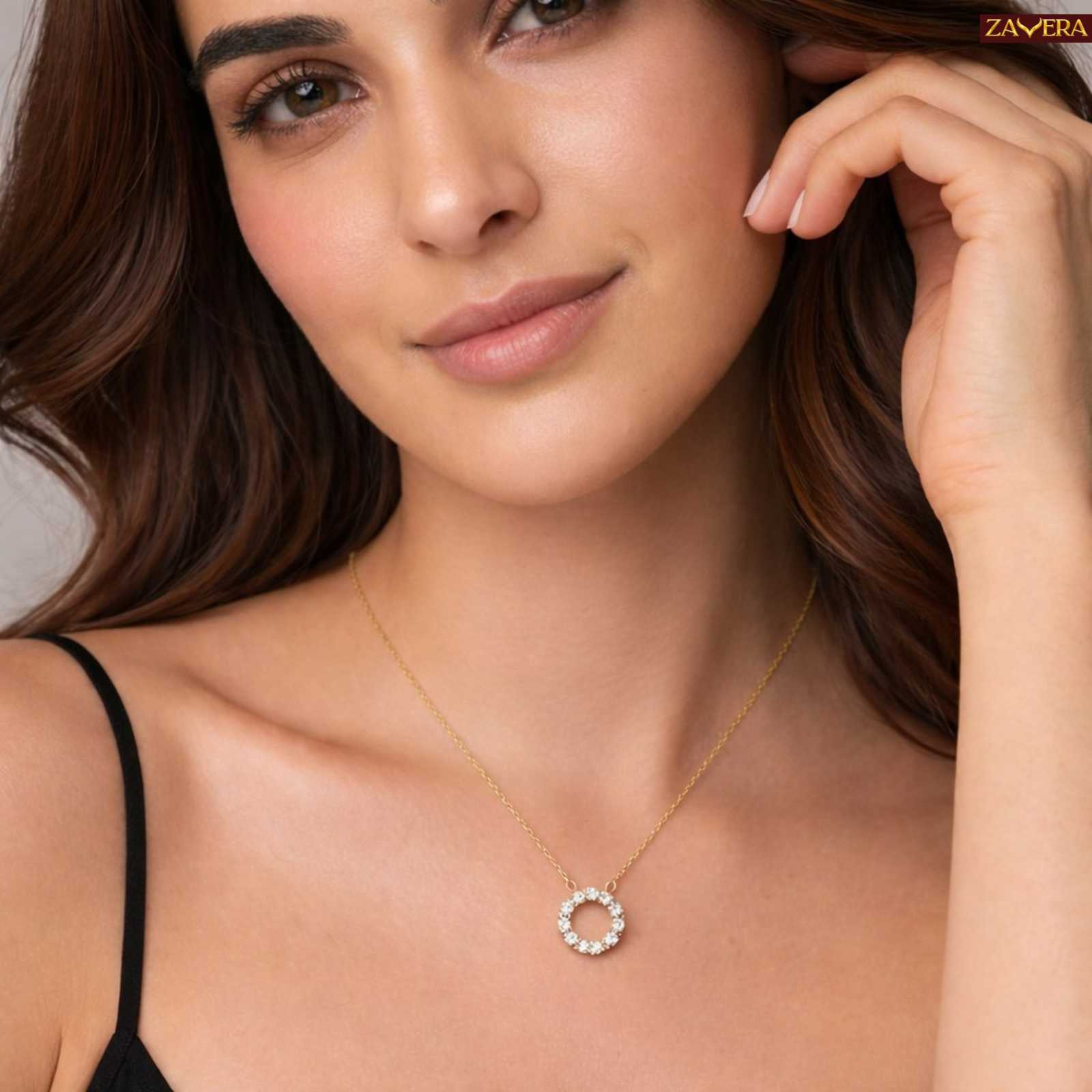 Gold Plated American Diamond Circle Pendant Necklace for Women