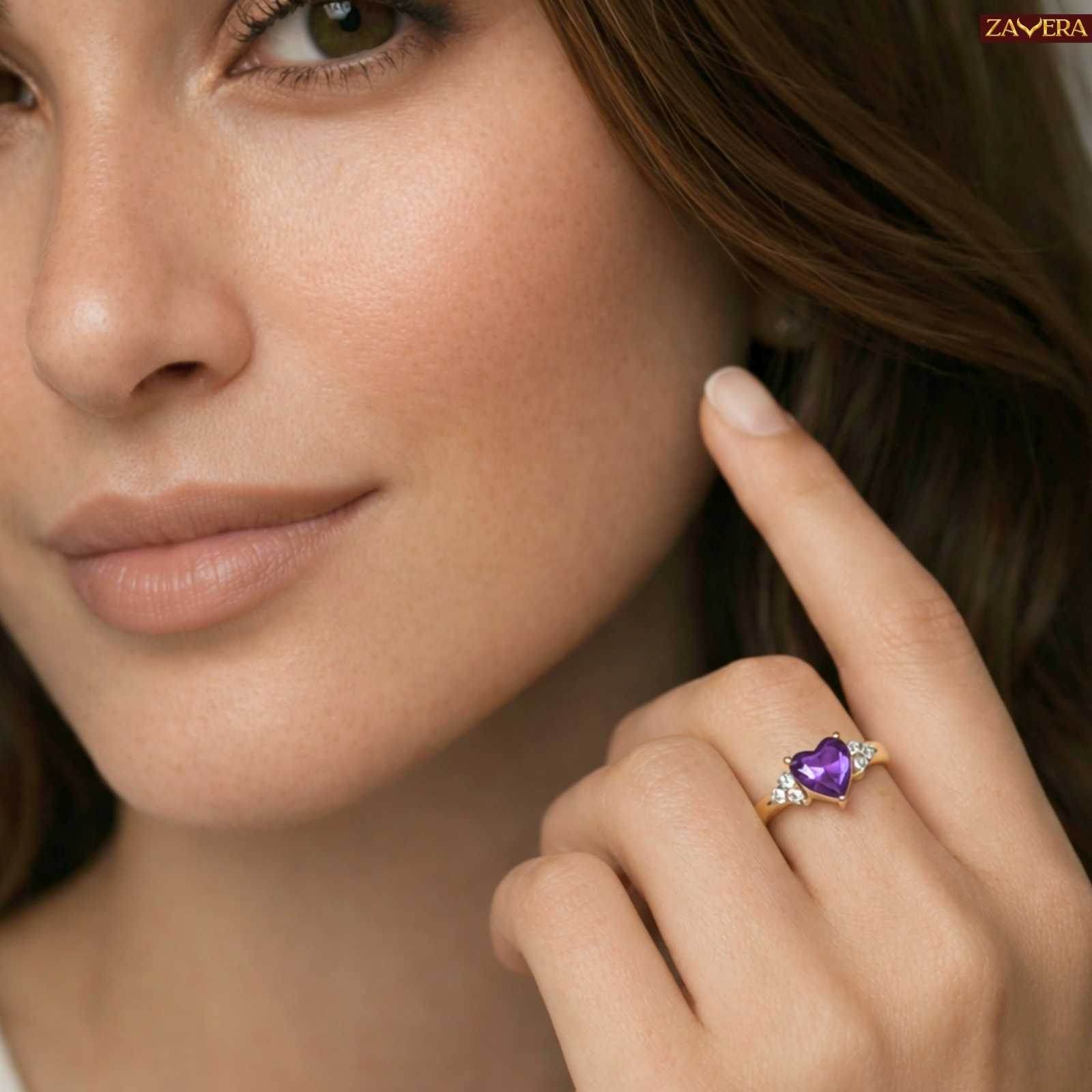 Gold Plated Royal Amethyst Diamond Love Adjustable Ring