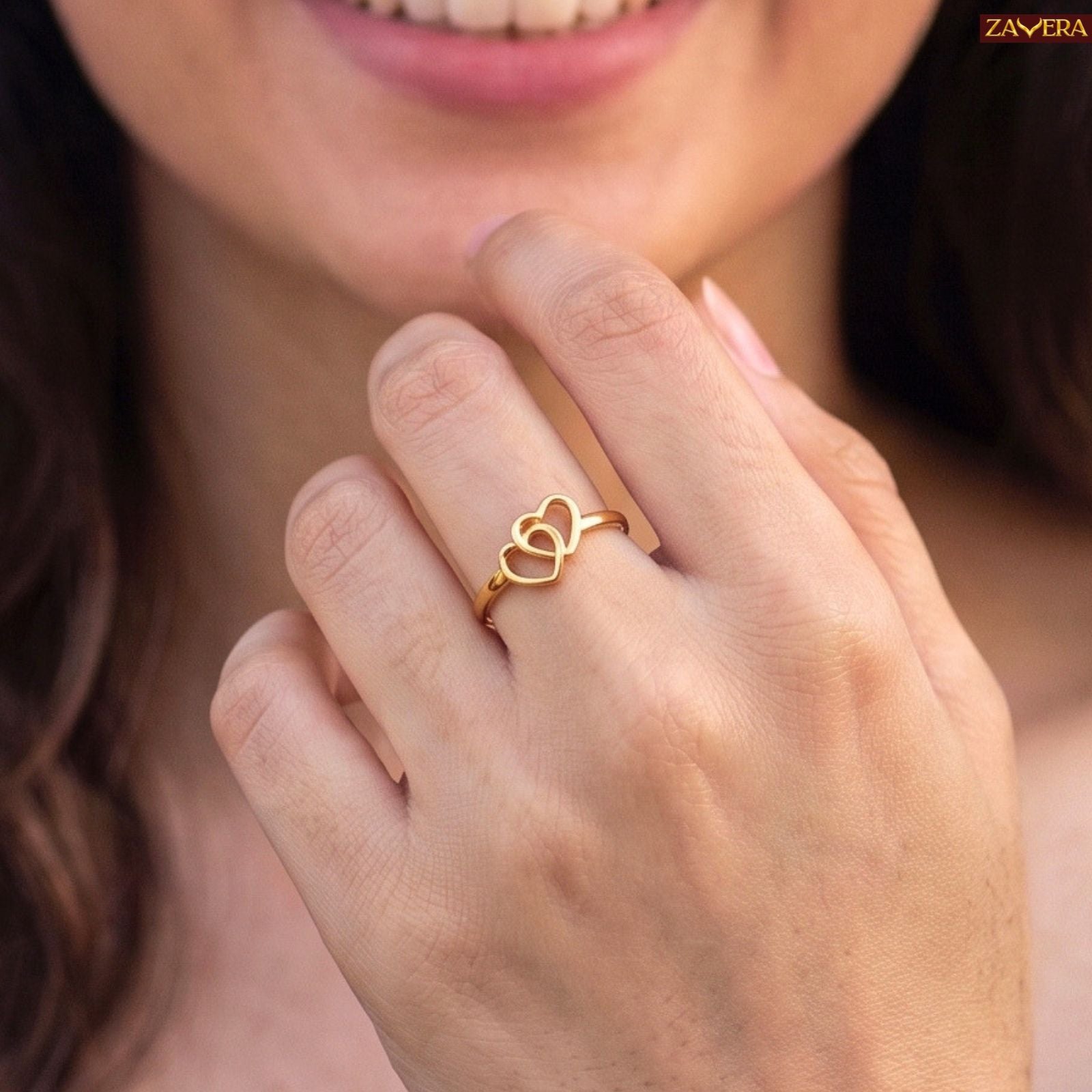 Zavera Brass 22K Elegant Double Heart Love Gold Plated Adjustable Ring For Women