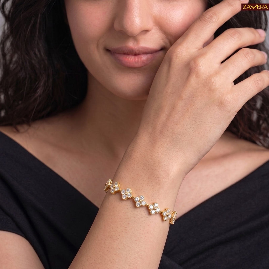 Zavera Gold Plated Floral American Diamond Bracelet for Women