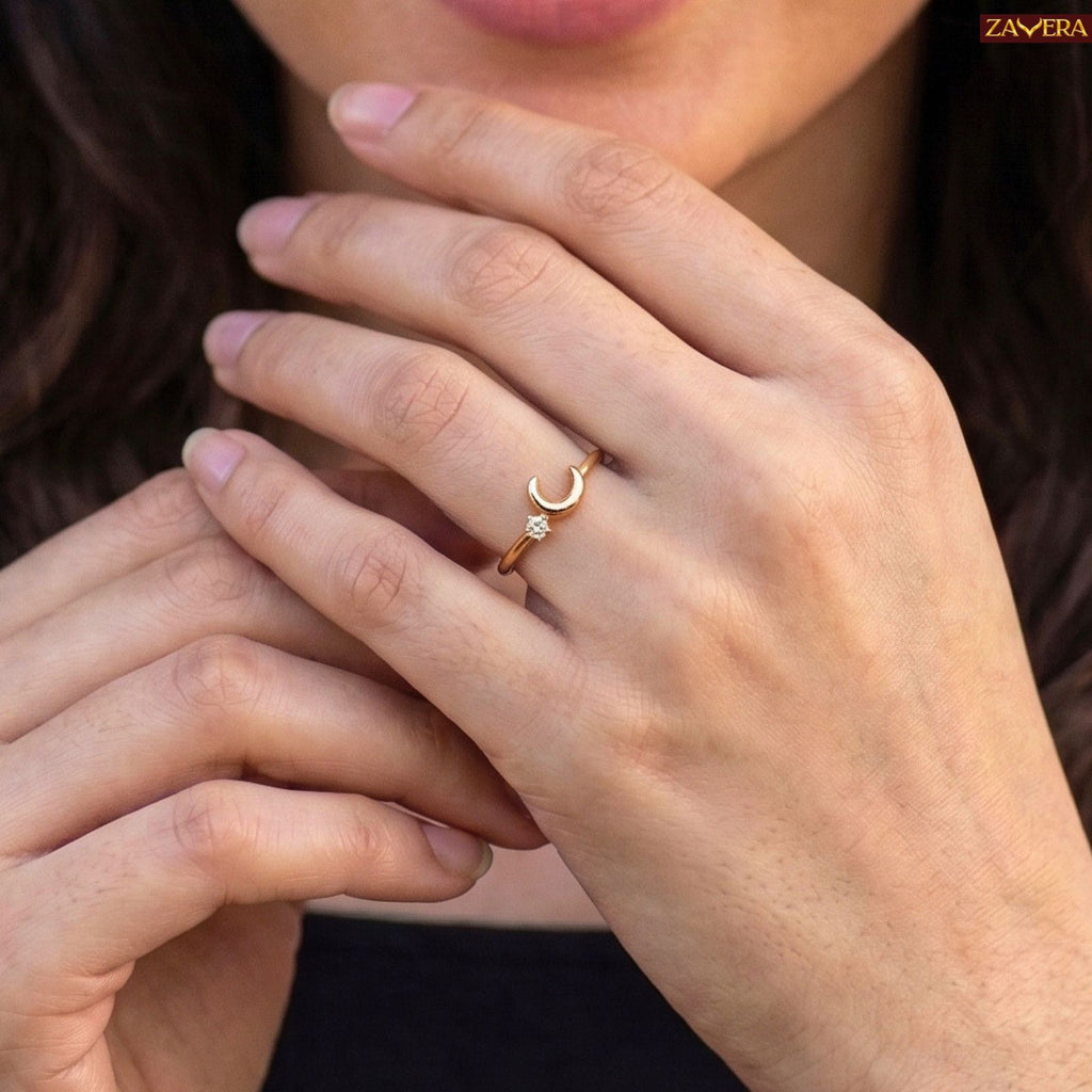 Zavera Brass 22K Dainty Crescent Moon Gold Plated Ring For Women