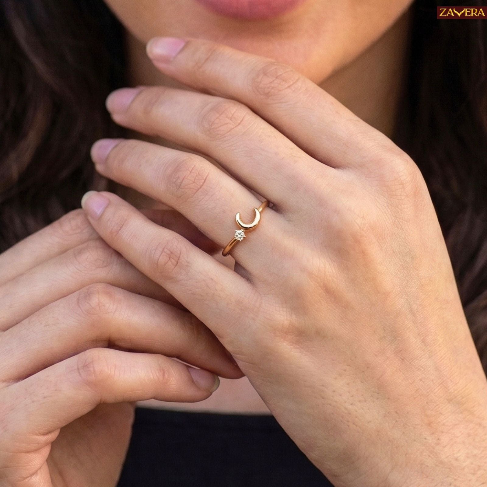 Zavera Brass 22K Dainty Crescent Moon Gold Plated Ring For Women