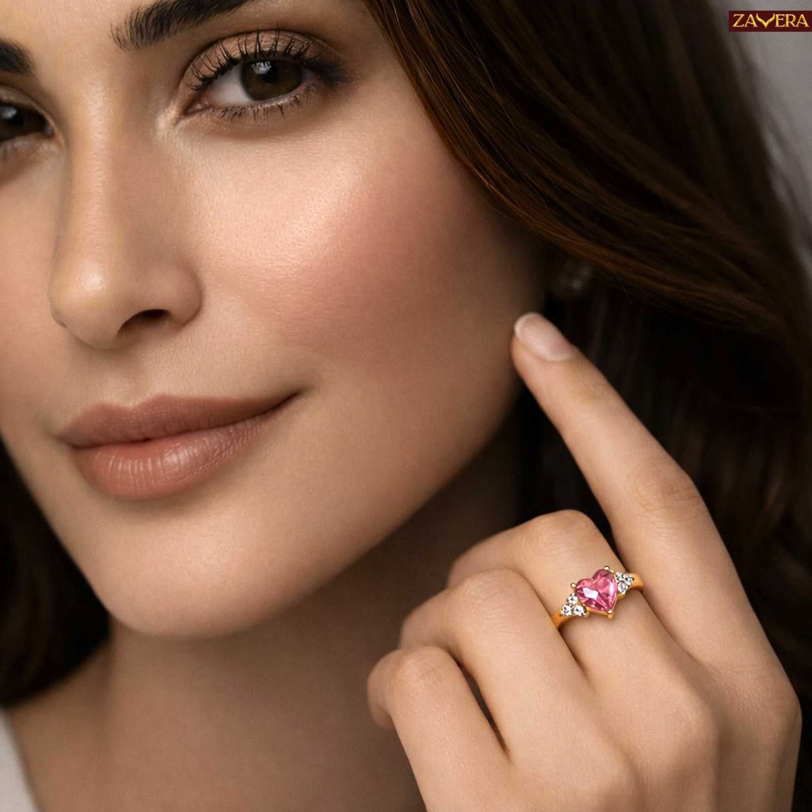 Zavera Gold Plated Pink  Heart Accent Adjustable Ring