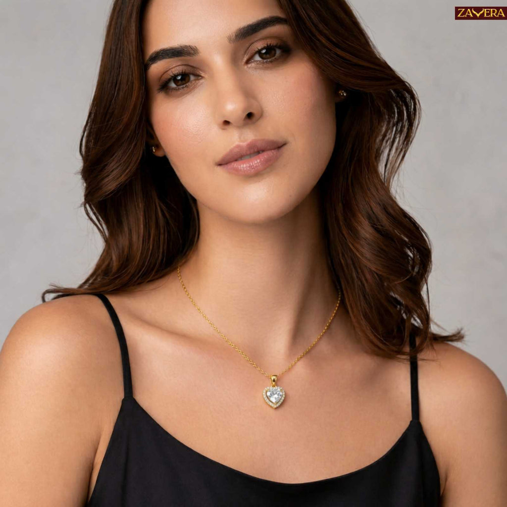 Zavera Heart Shape Pendant with Earrings Set Gold Plated