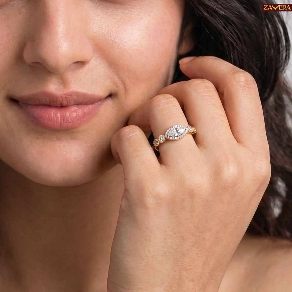 Zavera Brass 22K Marquise Halo American Diamond Gold Plated Ring For Women