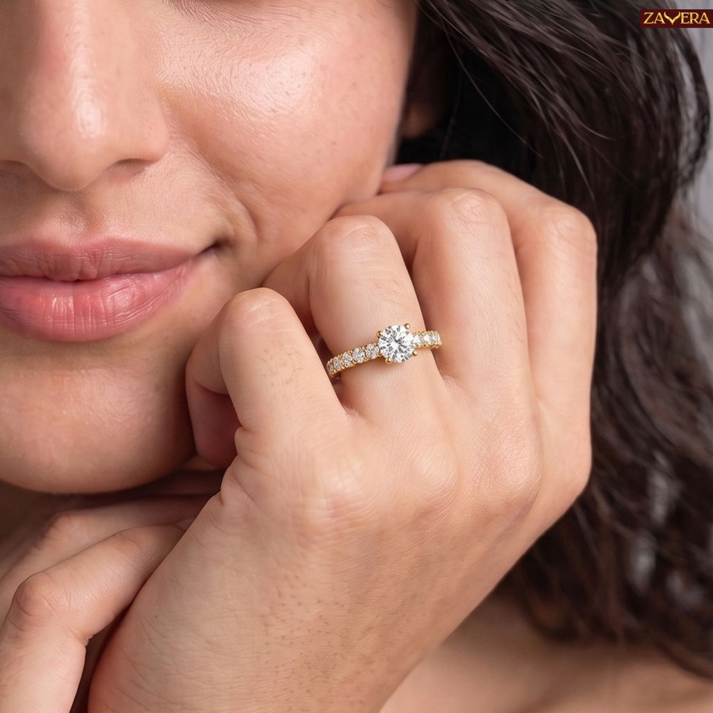 Zavera Brass 22K Adjustable CZ Solitaire Gold Plated Ring For Women