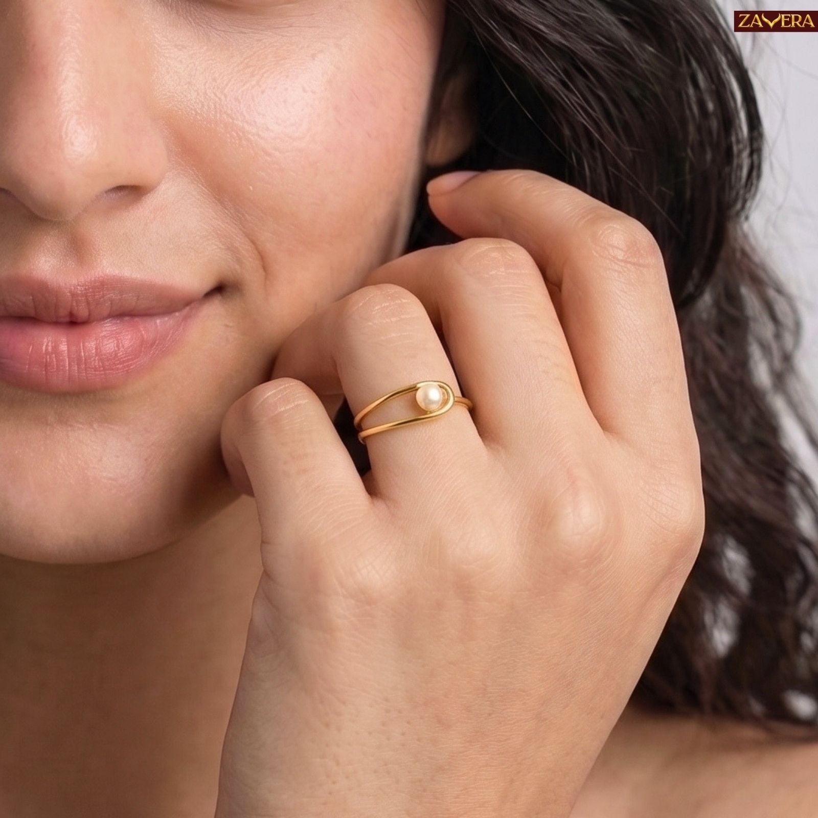 Zavera Brass 22K Modern Pearl Gold Plated Adjustable Ring For Women