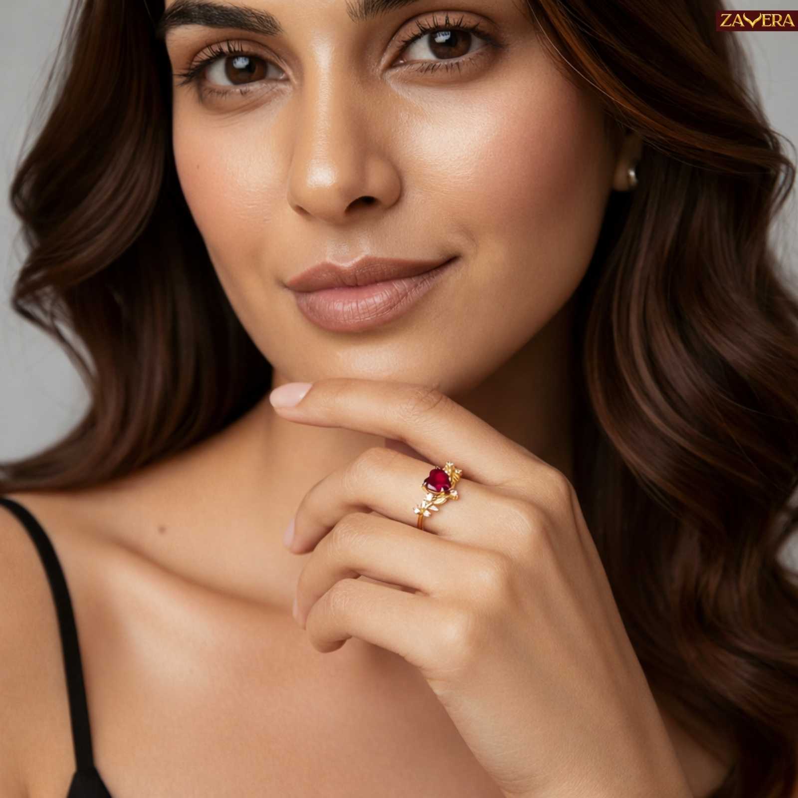 Zavera Gold Plated Floral Heart  Stone Adjustable Ring