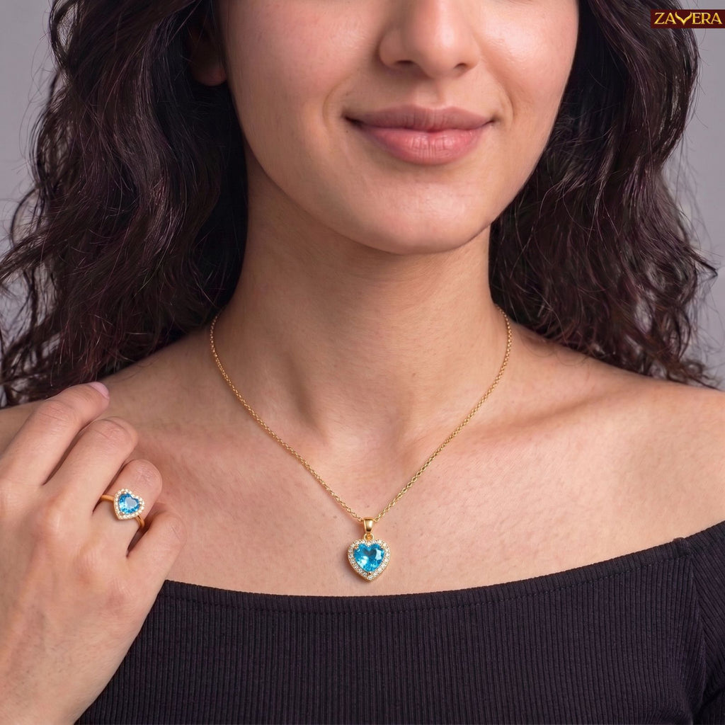 Zavera Gold Plated Blue Heart Jewelry Set | CZ Halo Pendant Necklace and Ring