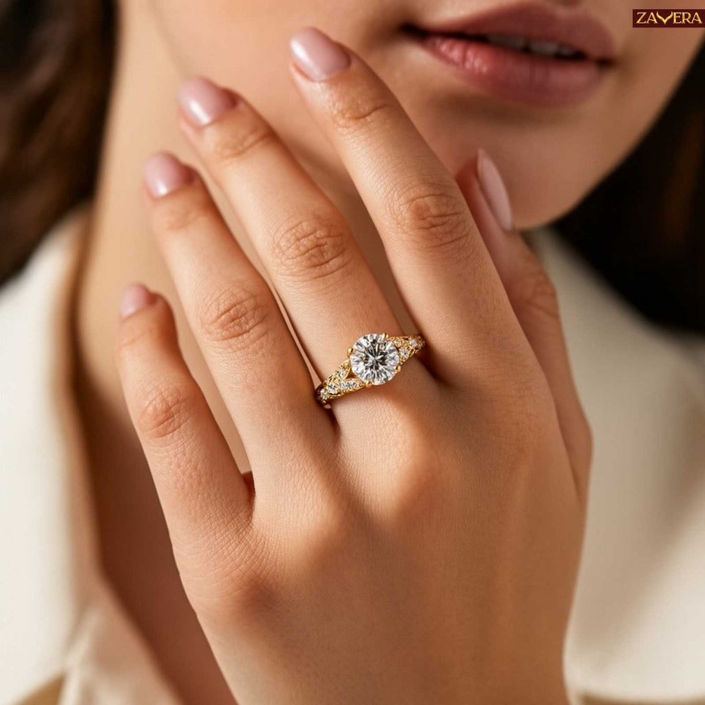 Zavera Gold Plated Floral Crown Solitaire Adjustable Ring
