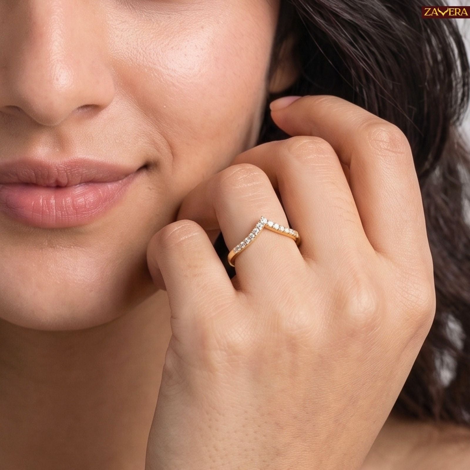 Zavera Brass 22K Adjustable V Shape Gold Plated Ring For Women