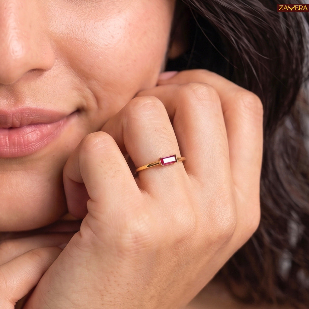 Zavera Brass 22K Baguette Cut Gold Plated Ring For Women