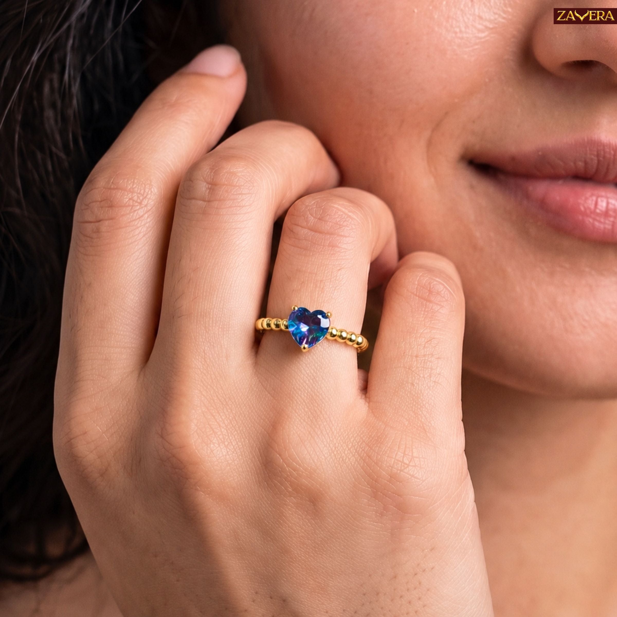 Zavera Brass 22K Gold Plated Blue Heart Ring For Women