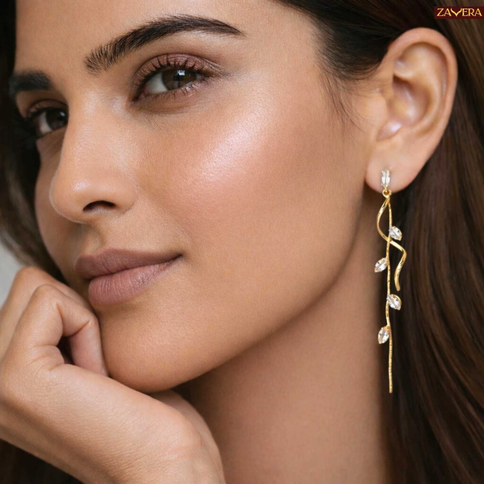 Leaf Vine Gold Plated Long Drop Earrings For Women