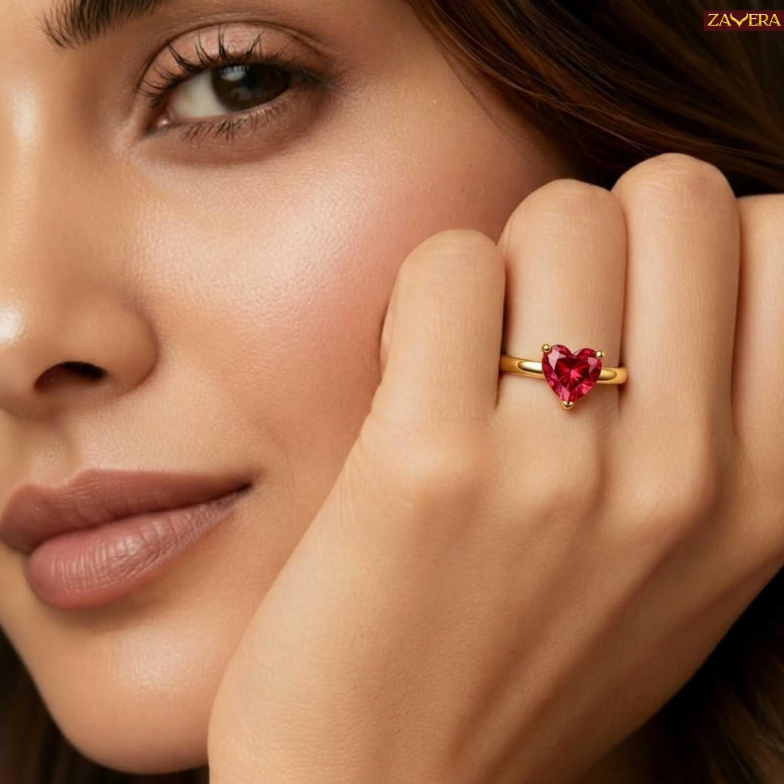Gold Plated Ruby Heart Adjustable Ring