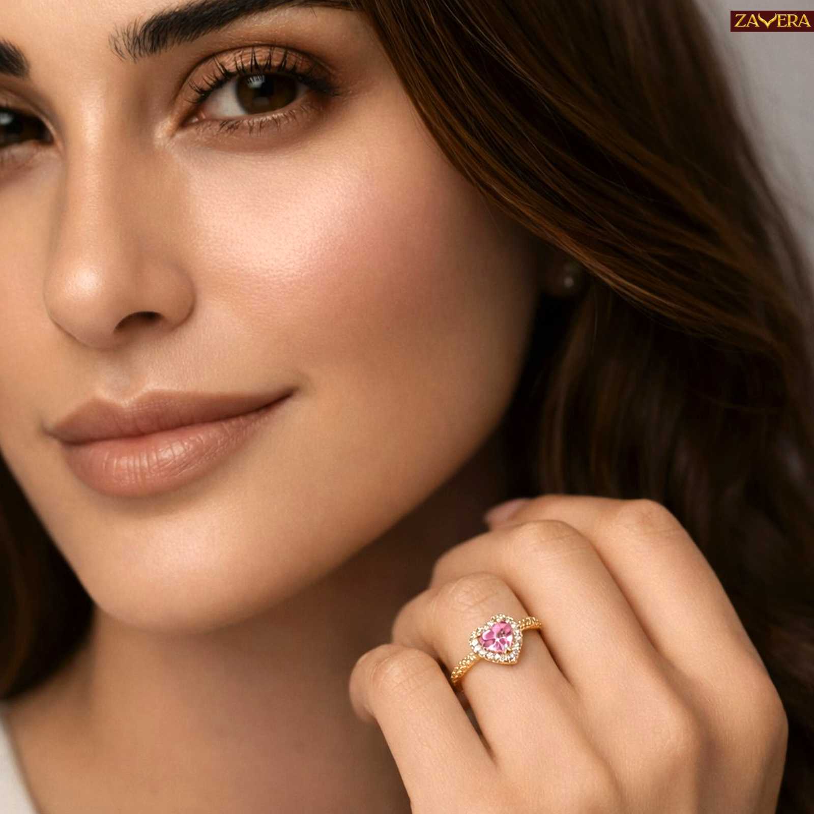 Zavera Gold Plated Pink Heart Adjustable Ring