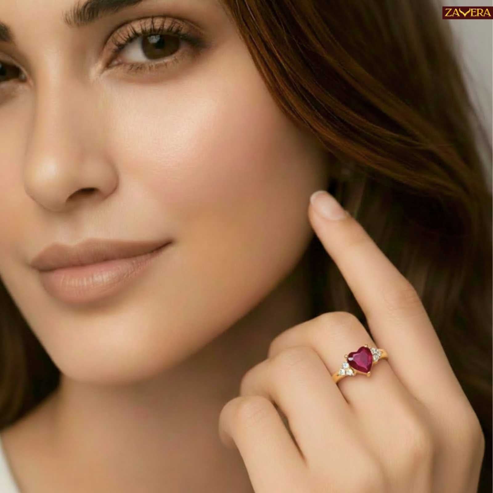 Zavera Gold Plated Ruby Heart Halo Adjustable Ring