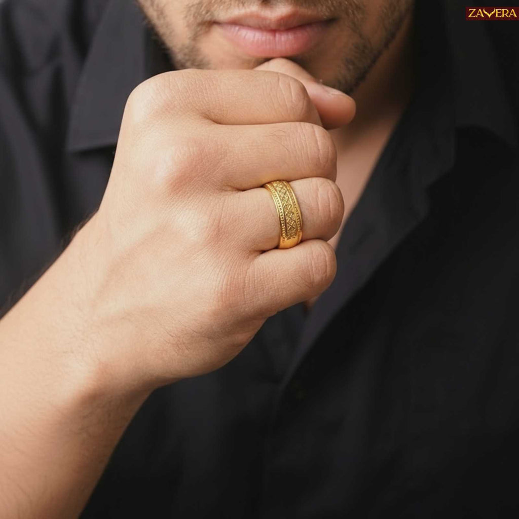 Zavera Men’s Textured Band Gold Plated Adjustable Ring