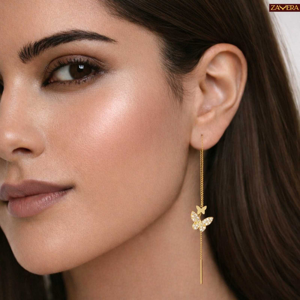 Butterfly Gold Plated Threader Earrings For Women