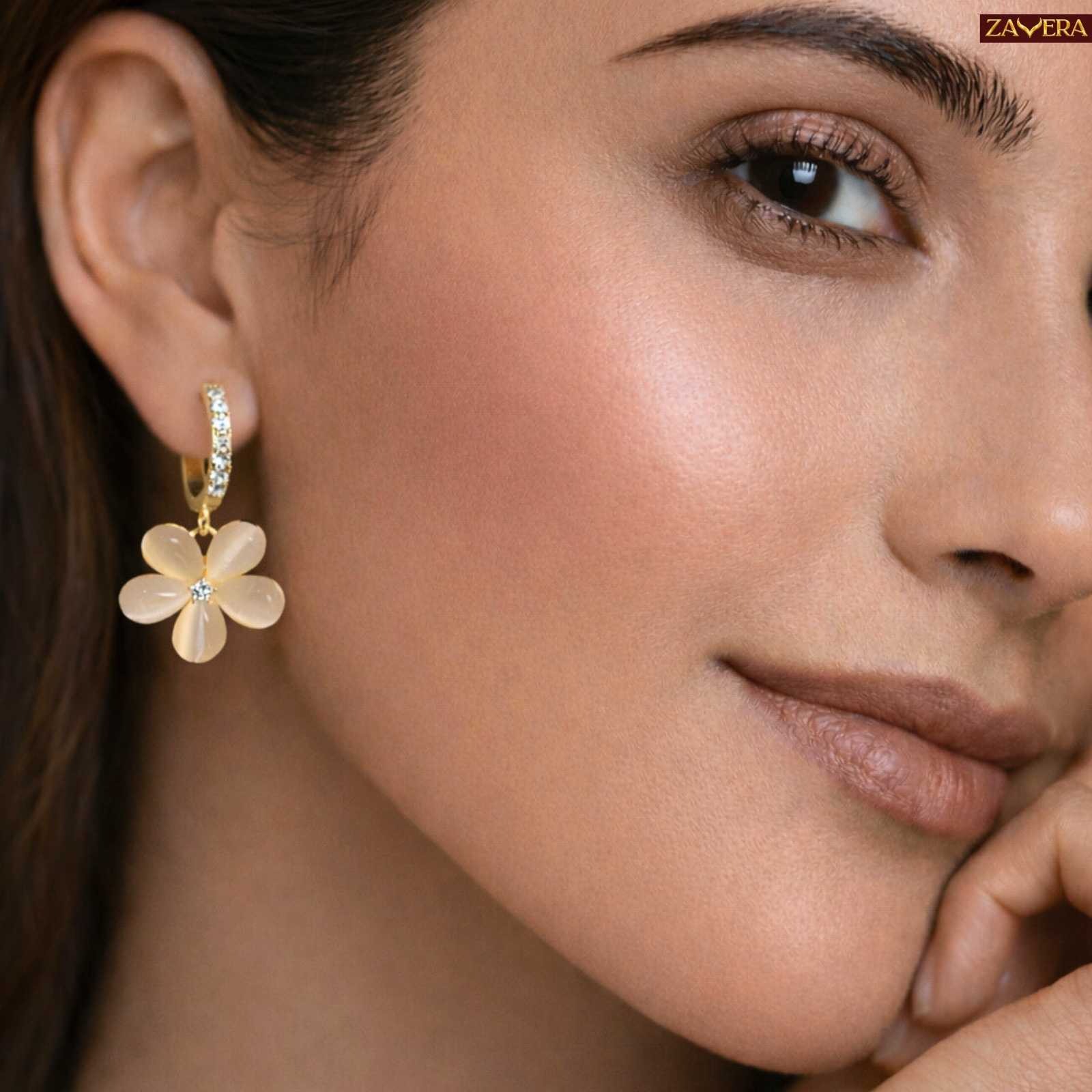 Cute Opal Floral Gold Plated Hoop Earrings For Women