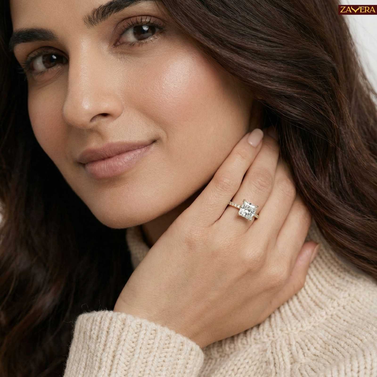 Zavera Gold Plated Square Cut Stone Adjustable Ring