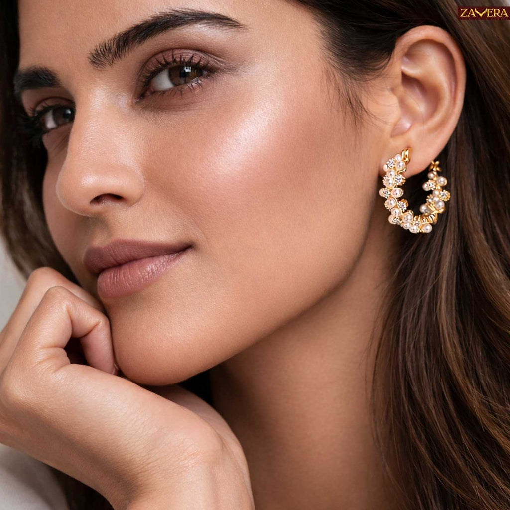 Classic Pearl Gold Plated Hoop Earrings For Women