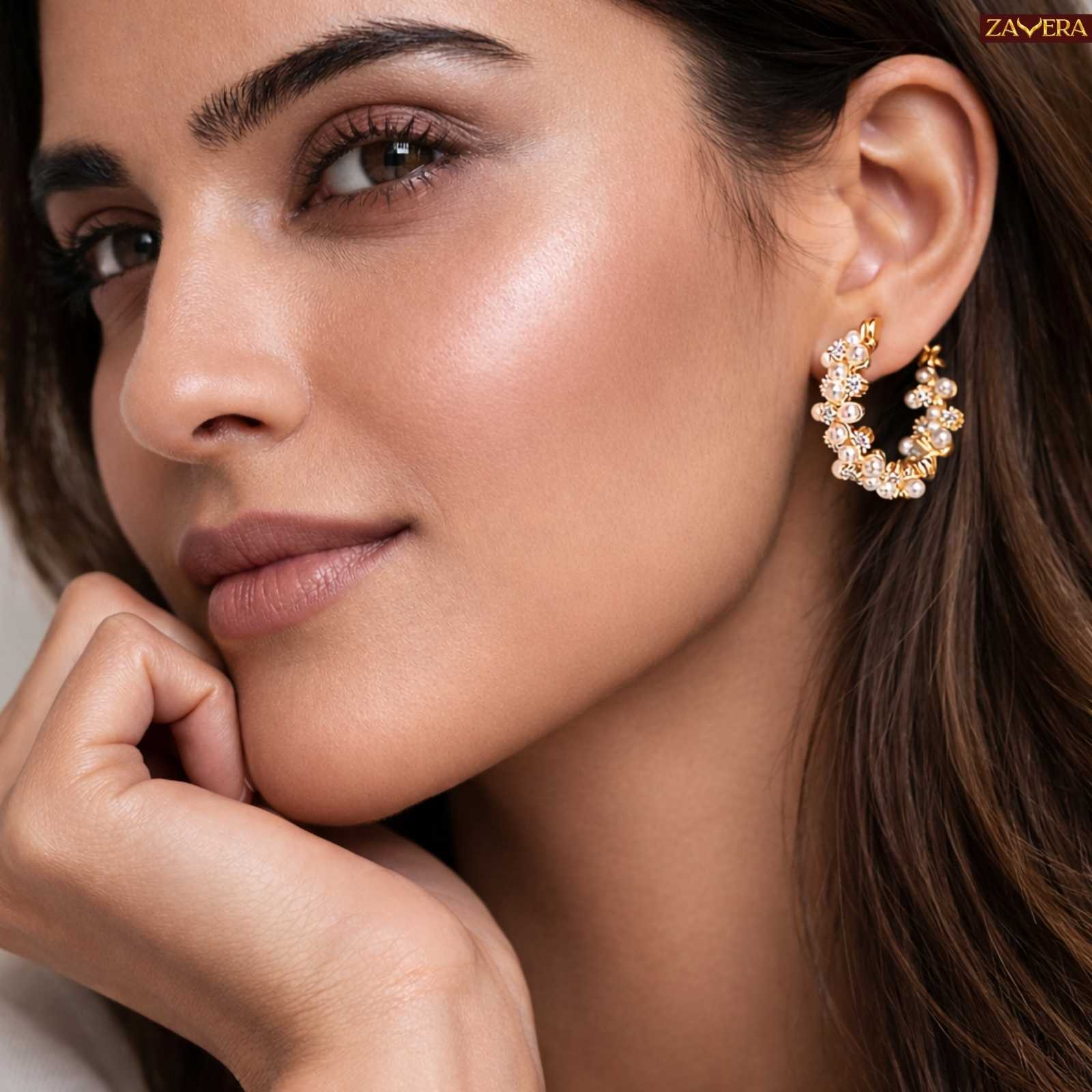 Classic Pearl Gold Plated Hoop Earrings For Women