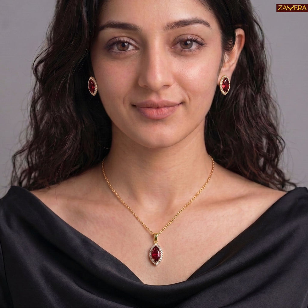 Zavera Gold Plated Ruby Red Marquise Pendant & Earrings Set For Women