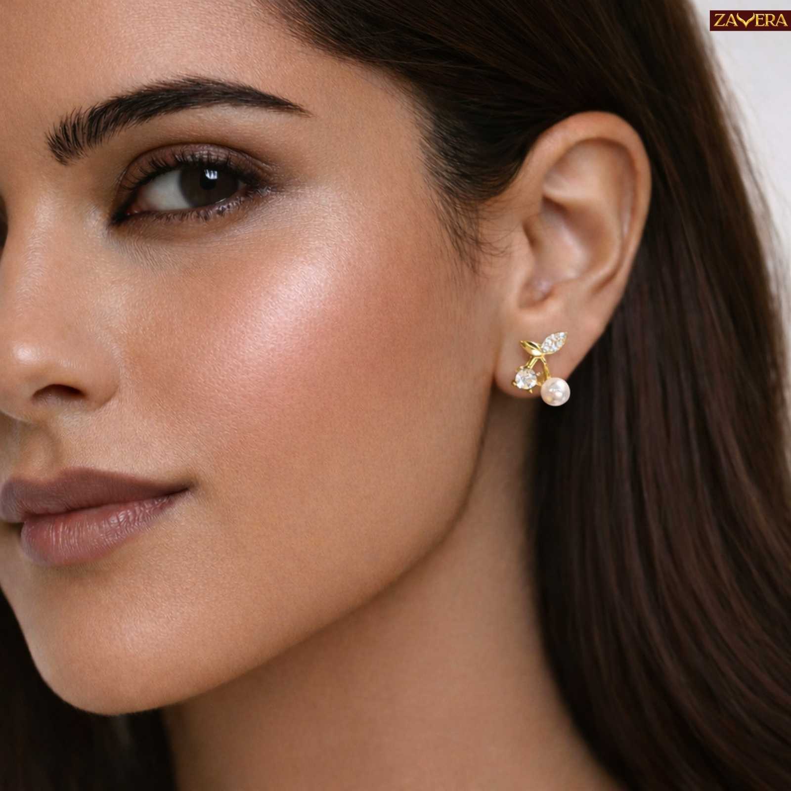 Cherry Pearl Gold Plated Stud Earrings For Women