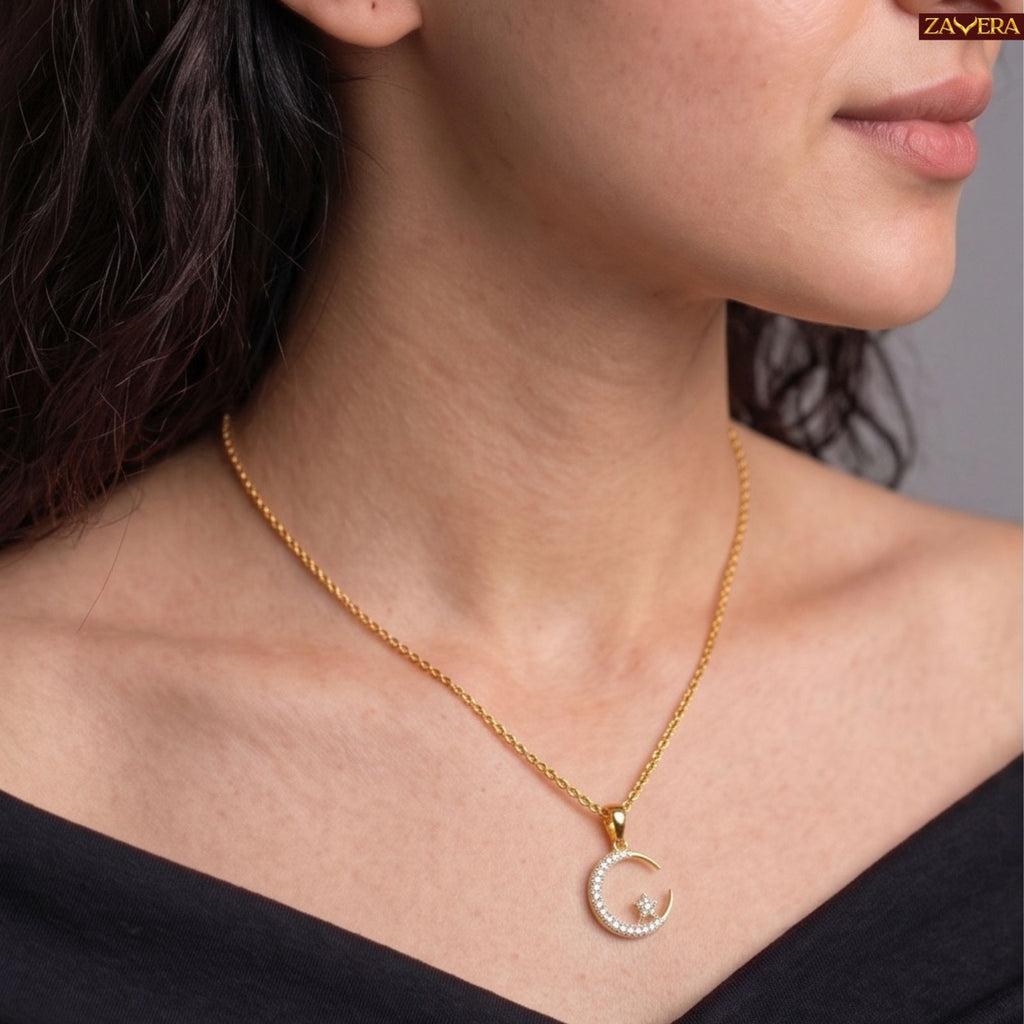 Zavera Gold Plated Celestial Moon Star Diamond Pendant For Women