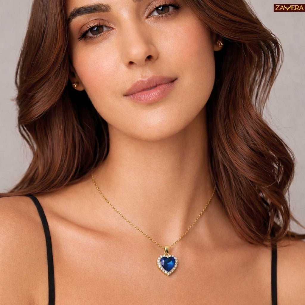 Zavera Gold Plated Blue Heart Crystal Halo Pendant