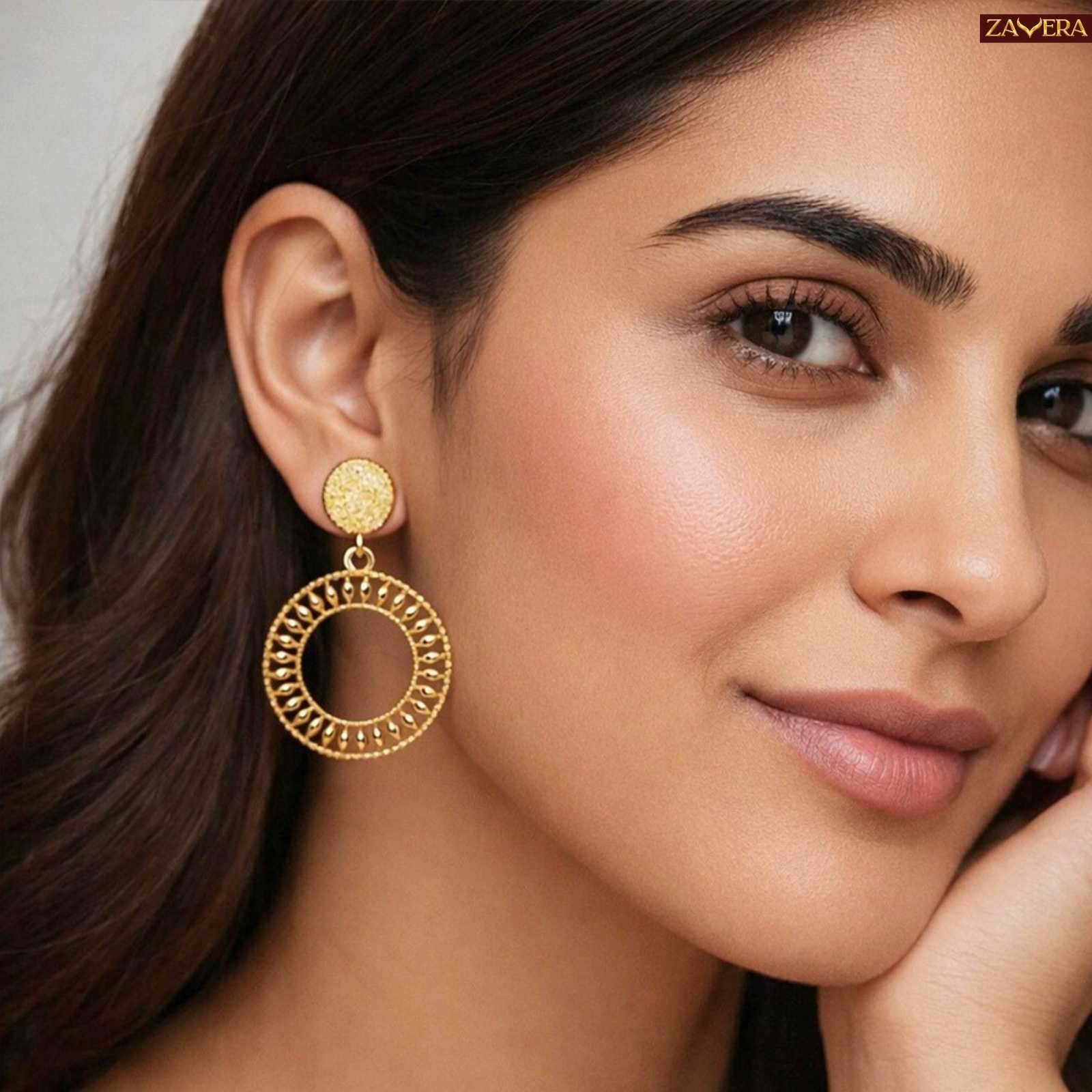 Vintage Hollow Circle Jhumka Gold Plated Earrings For Women
