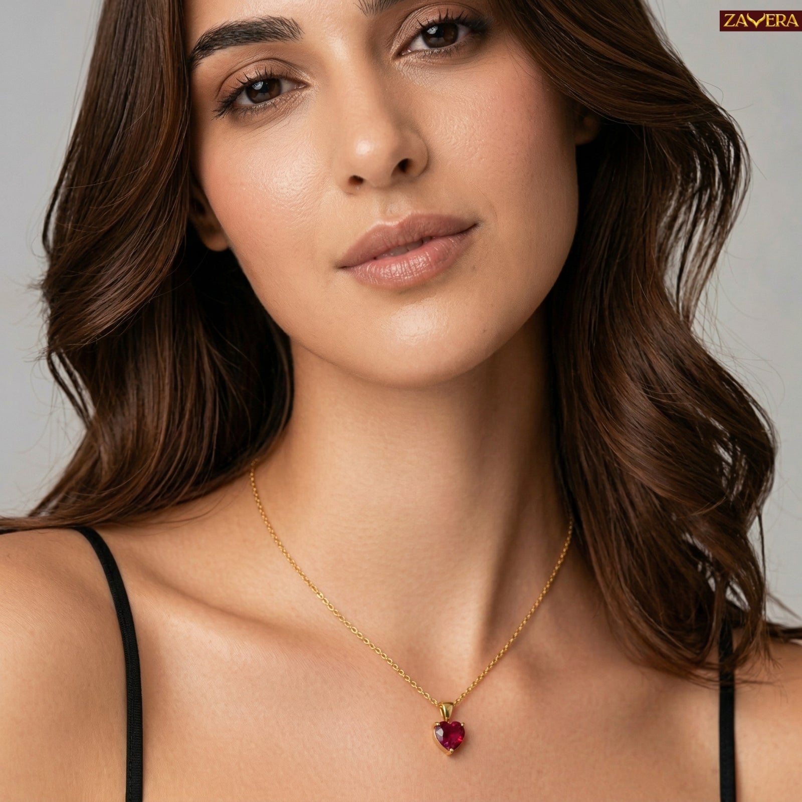 Zavera Dark Pink Heart Shape Crystal Pendant Gold Plated