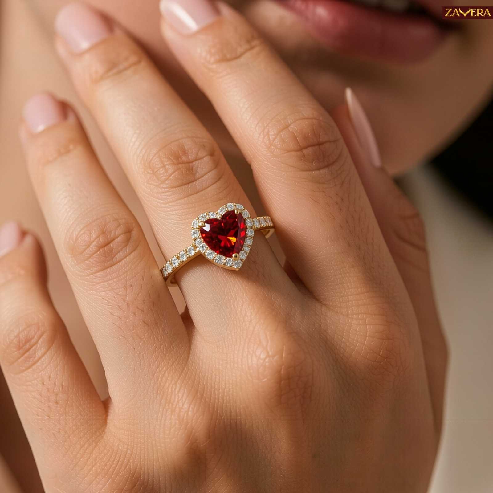 Zavera Gold Plated Ruby Heart Halo Adjustable Ring
