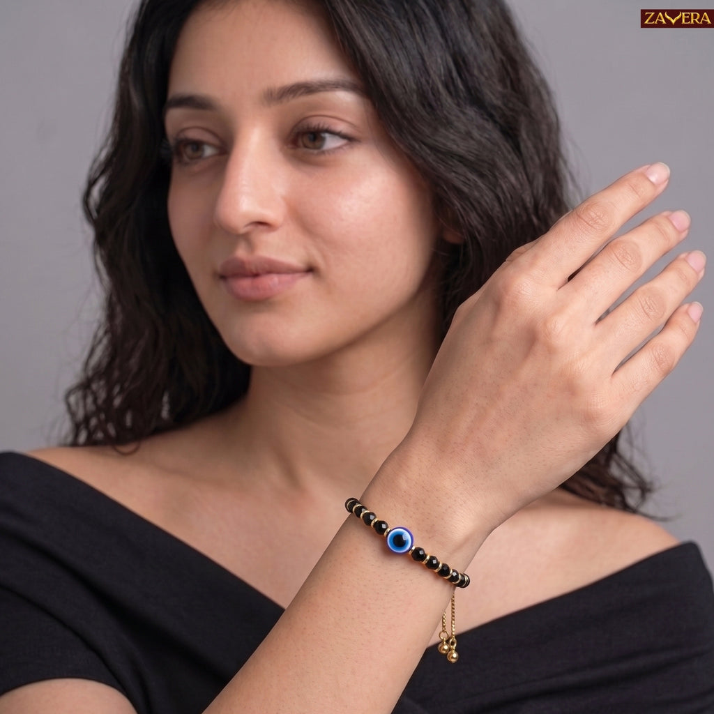 Zavera Gold Plated Black Beaded Evil Eye Bracelet for Women