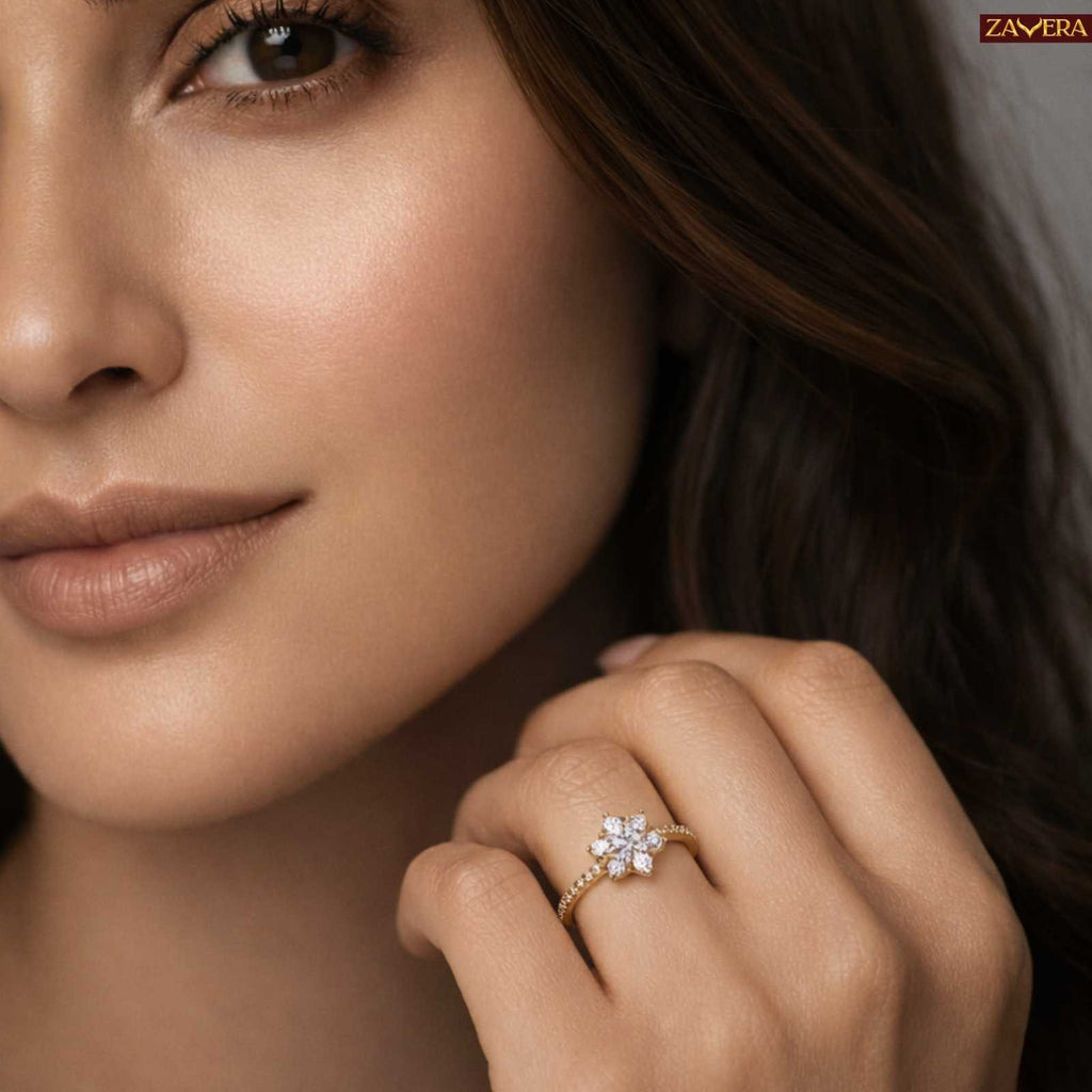 Zavera Gold Plated Blossom Halo Solitaire Adjustable Ring