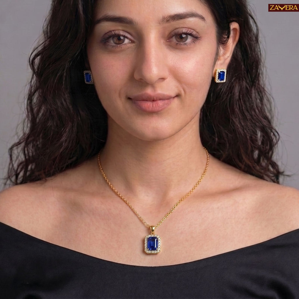 Zavera Rectangular Blue Crystal Halo Pendant Necklace and Earring Set for Women