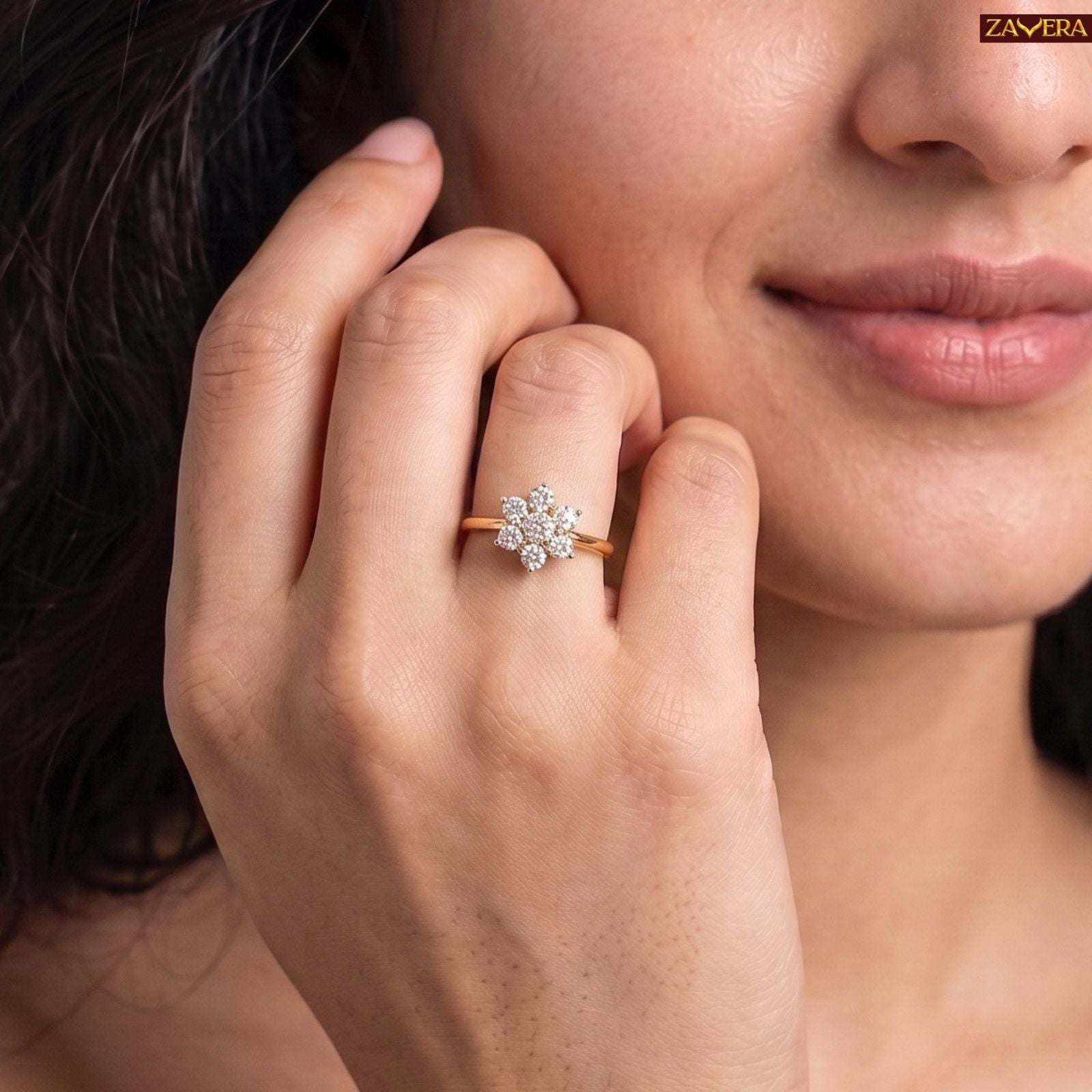 Zavera Brass 22K  Sparkling Flower Cluster Gold Plated Ring For Women