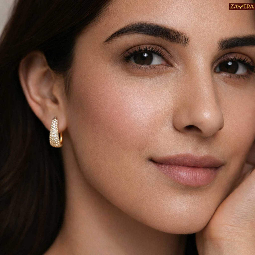 Pave Crystal Gold Plated Hoop Earrings For Women