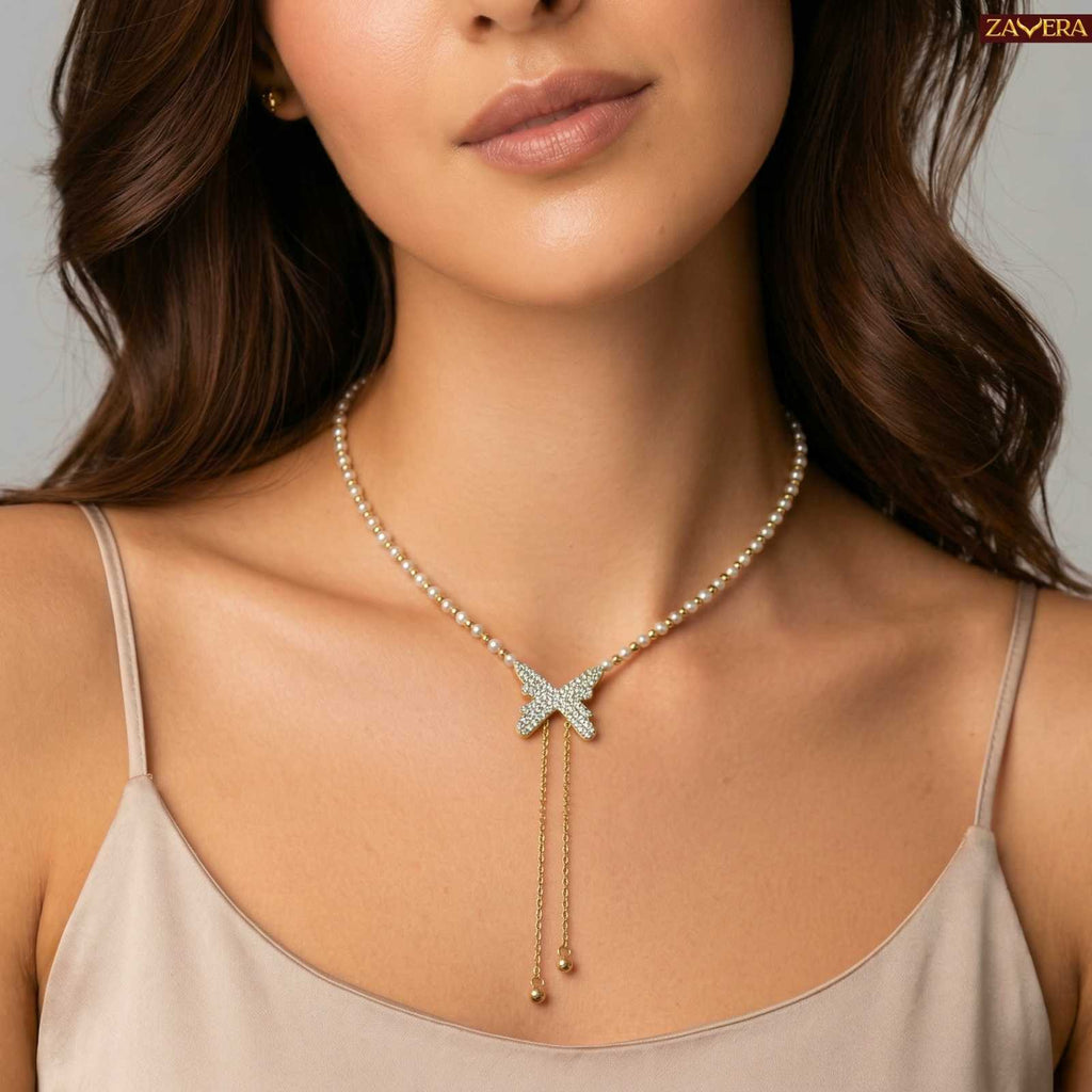 Zavera Butterfly Pearl Chain Diamond Gold Plated Necklace