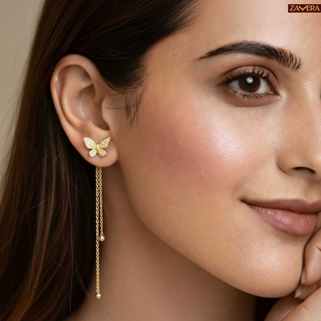 Butterfly Gold Plated Tassel Drop Earrings For Women