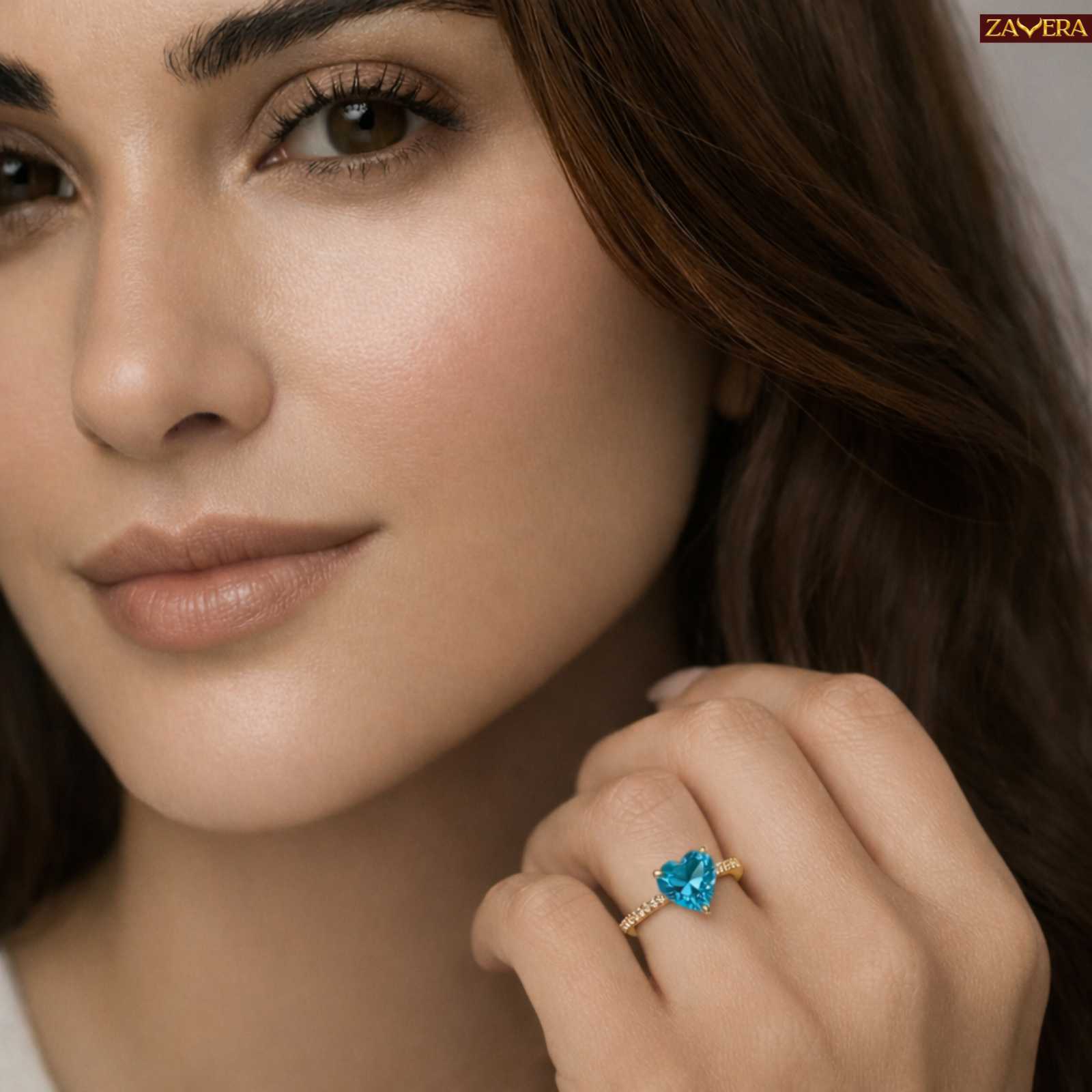 Gold Plated Premium Aqua Blue Heart Adjustable Ring