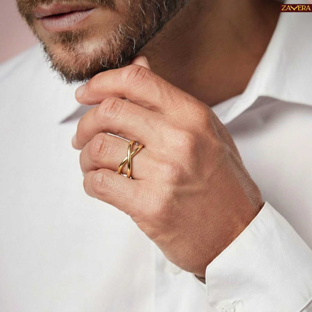 Zavera Men Twist Band Design Adjustable Ring Gold Plated