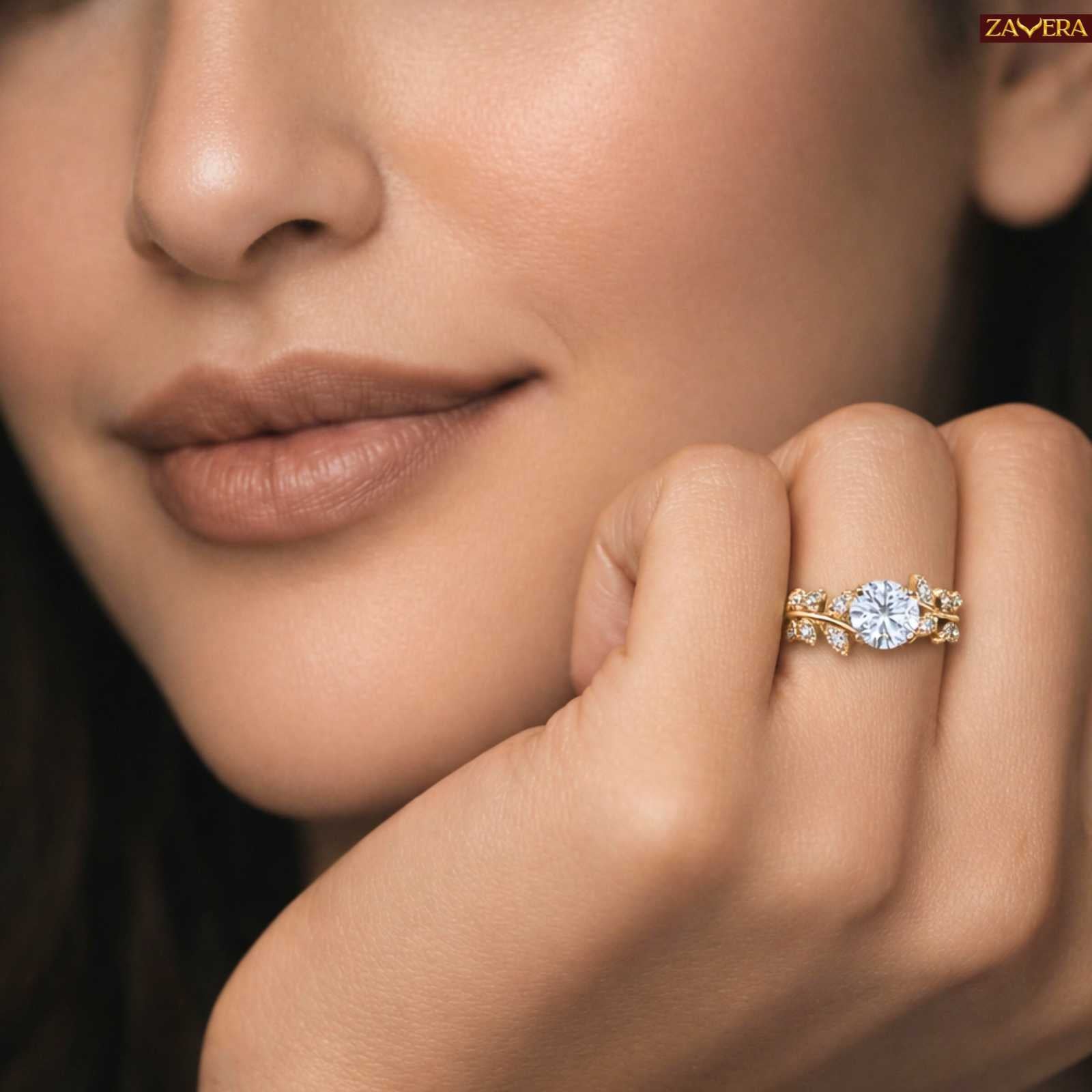 Zavera Gold Plated Leaf Vine Solitaire Adjustable Ring