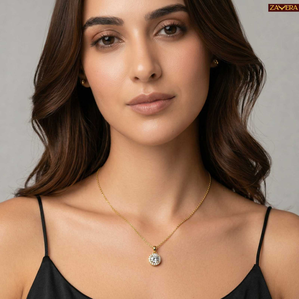 Zavera Round Halo Crystal Pendant Gold Plated